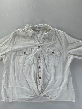 Dash White 100% Cotton Twist Front Button Up Blouse Large
